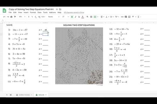 Google Sheets Digital Pixel Art Math Solving Two Step ...