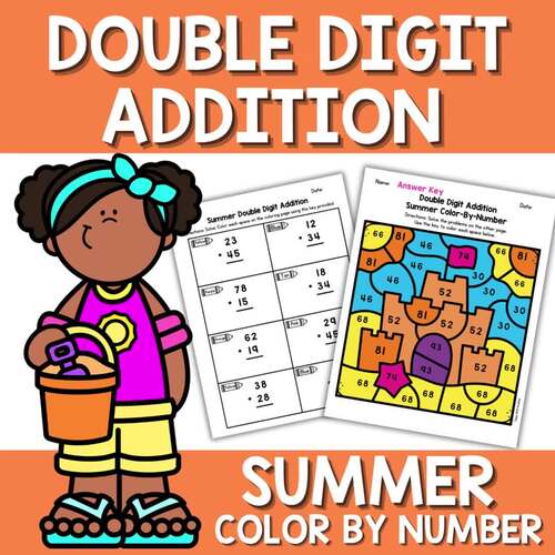 Summer Double Digit Addition Color by Code Math Center 2nd Grade Worksheet
