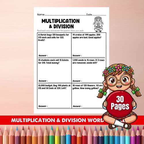 Spring Math Word Problems Grade 5 | Multiplication & Division Worksheets | Multi