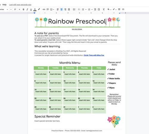 Preschool Newsletter Templates EDITABLE Google Docs 4 Seasons Bundle