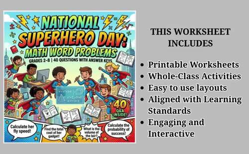 Superhero Math Word Problems | 40 Problems | Grades 2–8 | No Prep Worksheets