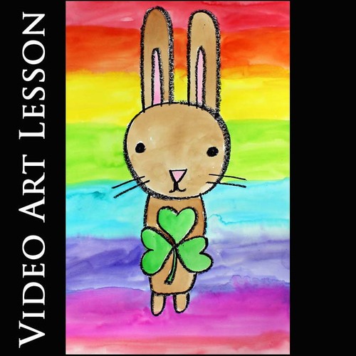 Preview of RAINBOW SHAMROCK BUNNY Art Lesson | St. Patrick's Day Drawing & Painting Project