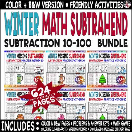 Winter Math Subtraction Bundle Color Code Picture Missing Subtrahend 10–100 Top