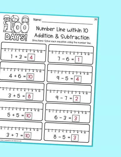 100th Day Number Line Mixed Add & Subtract Within 10 | Mixed Operations No-Prep