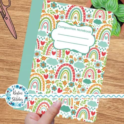 Printable Composition Notebook Book Cover Boho Rainbows Flowers PNG PDF