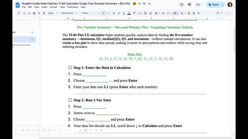 Preview of Ti-84 Graphing Calculator Steps for Constructing Box-and-Whisker Plots + more!