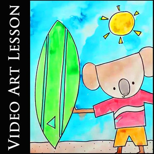 Preview of SURFING KOALA Video Art Lesson | EASY SUMMER Directed Drawing & Painting Project