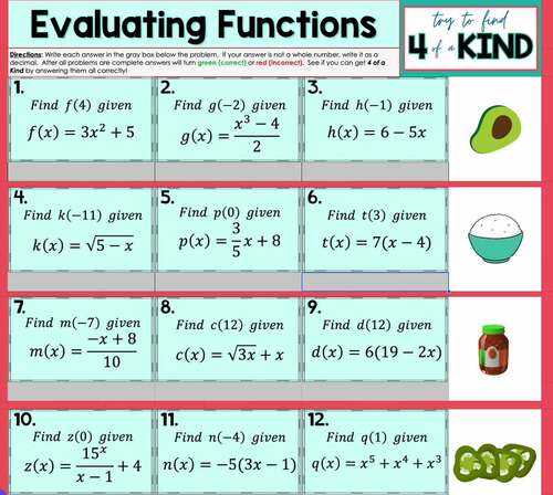 Evaluating Functions in Function Notation Four of a Kind by Positive Slope