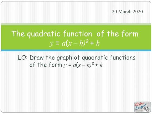 Quadratic Graphs Of The Form F X A X H K By Maths Support Centre