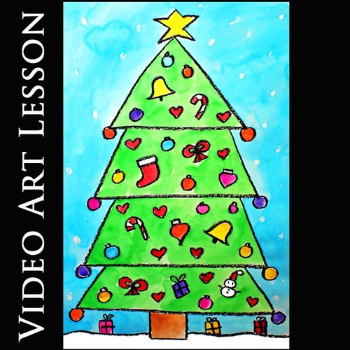 Preview of CHRISTMAS TREE Video Art Lesson | WINTER Drawing & Watercolor Painting Project