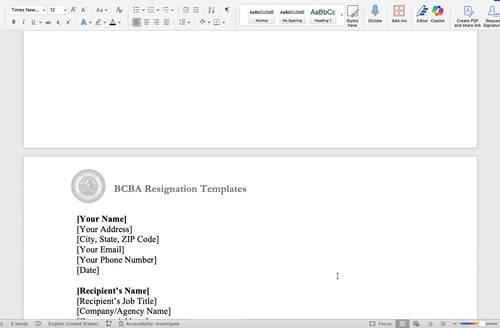 BCBA Resignation Templates (1 Positive and 1 Factual/Neutral) | TPT