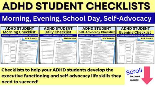 ADHD Student Checklists Executive Functioning Checklist Students Self ...
