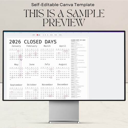 Editable 2026 Closed Days Calendar | Printable Business Closure Calendar