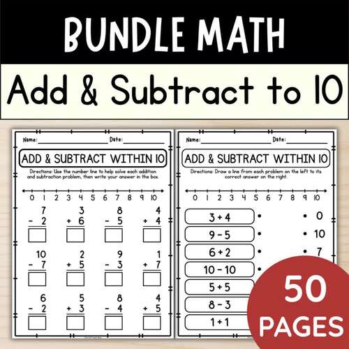 Bundle Math: Write Number and Draw a Line Add & Subtract to 10 | 1st Grade