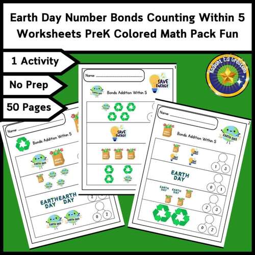 Earth Day Number Bonds Counting Within 5 Worksheets PreK Colored Math Pack Fun