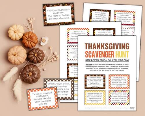 Thanksgiving Scavenger Hunt for Kids, 20 Fall Treasure Hunt Clue Cards