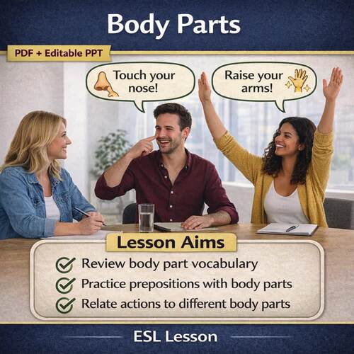 ESL Body Parts Lesson | Vocabulary, Prepositions, Simon Says Speaking ...