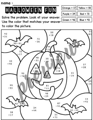 Halloween Color by Number Addition & Subtraction | 2 Digit Within 100 Fun