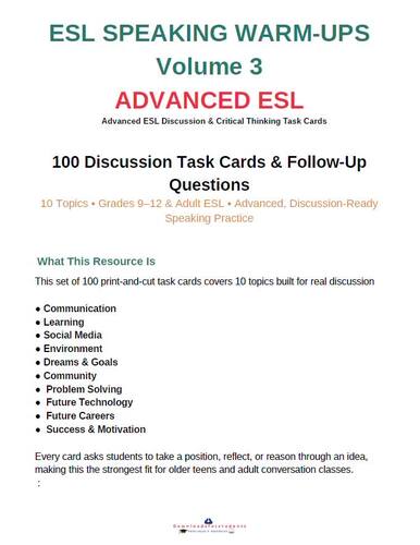 Speaking Activities Discussion Cards | ESL Critical Thinking Grades 9-12