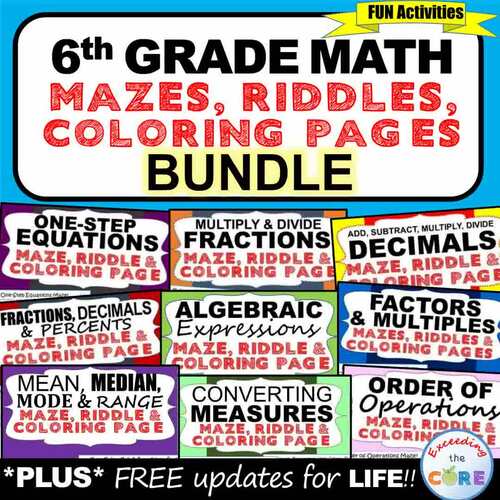 6th Grade Math Mazes, Riddles, Coloring BUNDLE Print, Digital