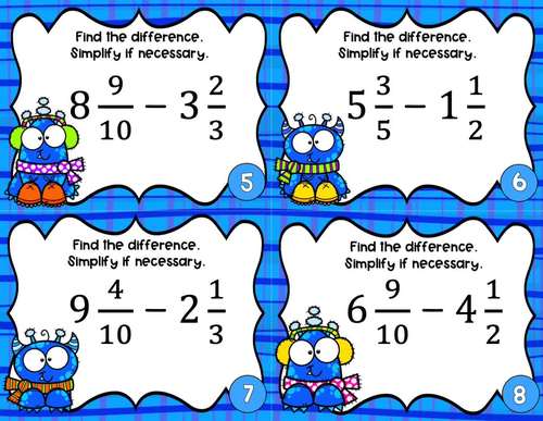 Subtracting Mixed Numbers with Unlike Denominators Task Cards | Winter ...