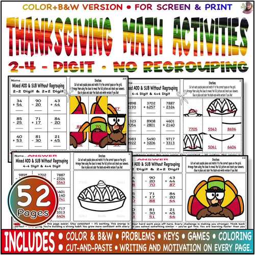 Mixed Add Subtract 2 3 4 Digit without regrouping | Thanksgiving Math ...