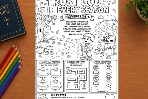 Fall Bible Coloring Page | Proverbs 3:5-6 Trust God Activity Mat ...