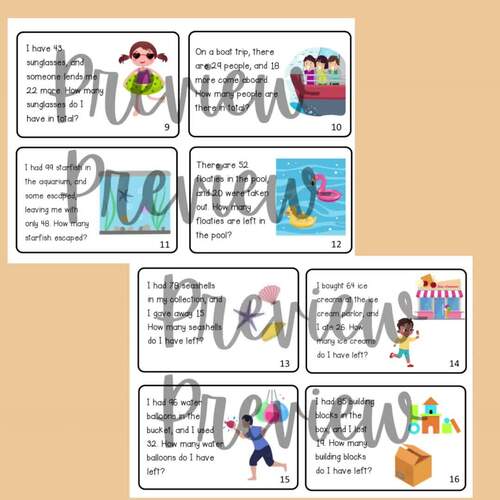 Summer Subtraction Word Problems Task Cards - Summer Math Centers