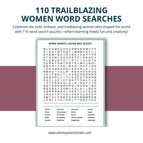 110 Historic Women Word Search Puzzles by Whimsy Worksheets | TPT