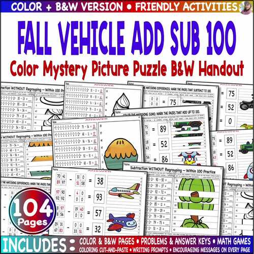 Color Mystery Picture Puzzle Fall Vehicle Add Sub 100 B&W Soft Start Math