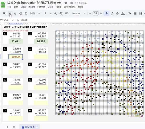 5 Digit Subtraction with Regrouping Digital Resource Pixel Art Math