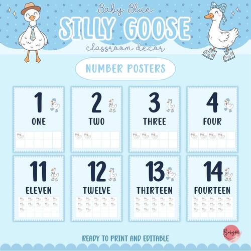 Number Posters: Baby Blue Silly Goose | Editable Classroom Decor & Ten ...