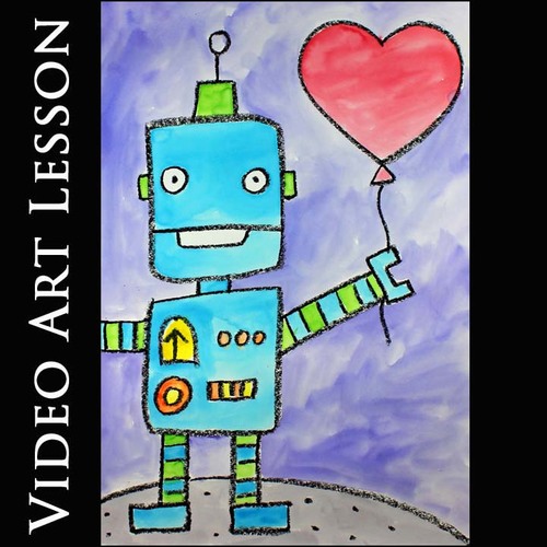 Preview of ROBOT with a HEART BALLOON | FATHER'S DAY Drawing & Painting Video Art Lesson