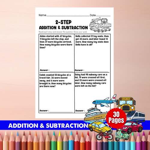 Grade 2 Two-Step Addition & Subtraction Word Problems | Transportation Math Work