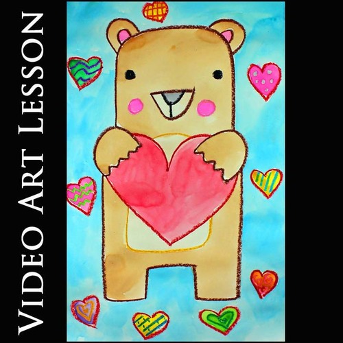 Preview of BEAR WITH HEARTS Art Lesson | Easy FATHER'S DAY Drawing & Painting Activity