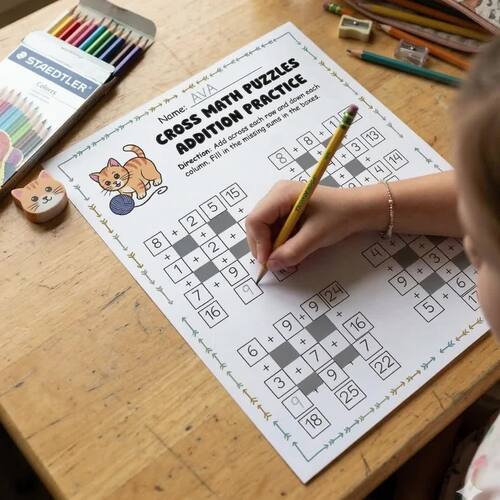Addition Math Square Puzzles | Cross Math Worksheets | 1st & 2nd Grade