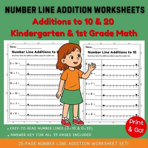 Number Line Addition Worksheets | Additions to 10 & 20 | Kindergarten ...
