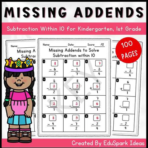 Missing Addends to Solve Subtraction Within 10 for Kindergarten, 1st Grade