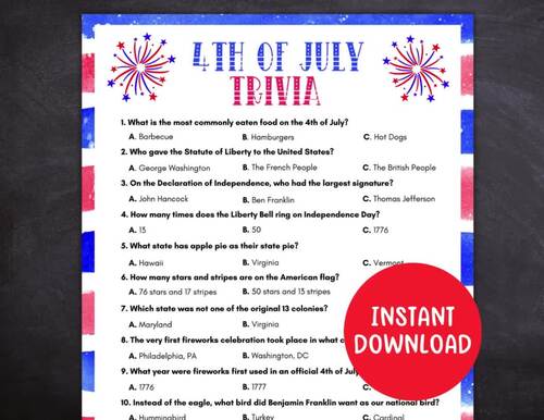 4th of July Trivia Game, Printable U.S. Independence Day Game, July 4th ...