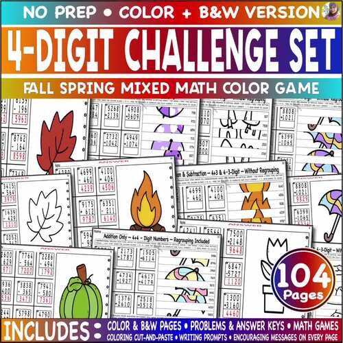 4-Digit Spring Fall Seasonal Math Mystery Cut Paste Color Game Challenge Task