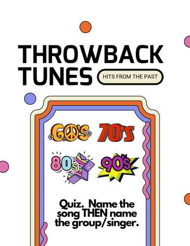 Music Hits Quizzes. 60s. 70s. 80s. 90s. Quiz. Game. Fun. Songs. Groups. ELA.