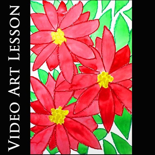 Preview of CHRISTMAS POINSETTIA Art Lesson | WINTER Drawing & Watercolor Painting Project