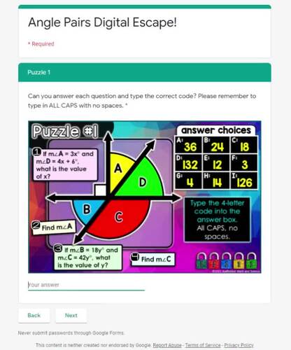 Angle Pairs Digital Math Escape Room Activity Geometry 7th 8th Grade