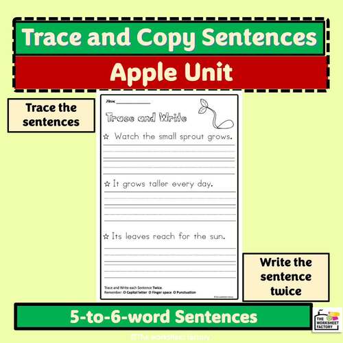 Apple Unit Handwriting Practice - Copy Sentences Worksheets (Trace & Write)