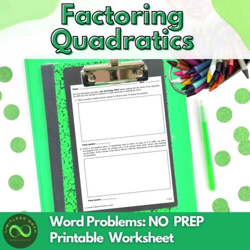 Factoring Quadratics Word Problems - Printable Worksheet | TPT
