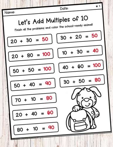 Back to School Add Multiples of 10 Within 100 |Mental Math Worksheets ...