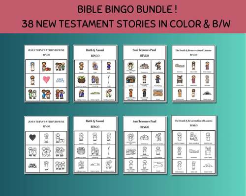 38 New Testament Bingo Games in color & B/W, Sunday School Bible Game
