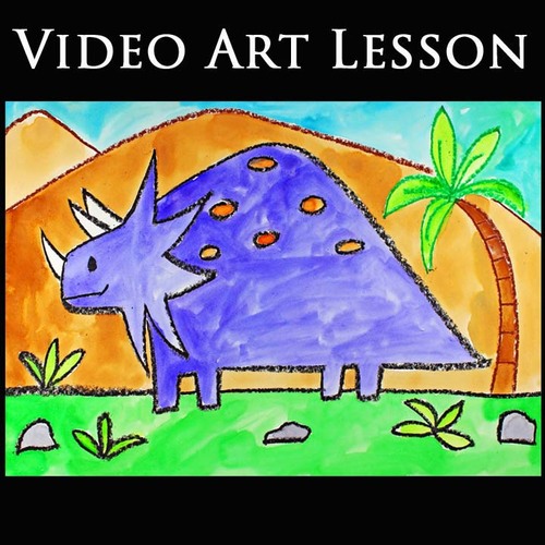 Preview of TRICERATOPS DINOSAUR Art Lesson | EASY Drawing & Watercolor Painting Art Project