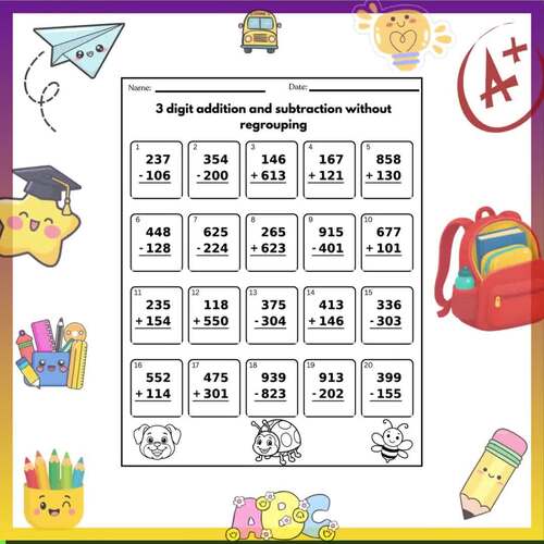 3-Digit Addition and Subtraction Without Regrouping Worksheets | 2nd ...