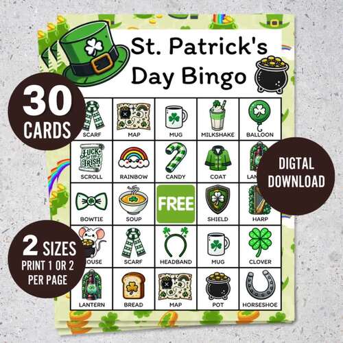 St. Patrick's Day Bingo Game V1 30 Printable Cards Fun Classroom & Party